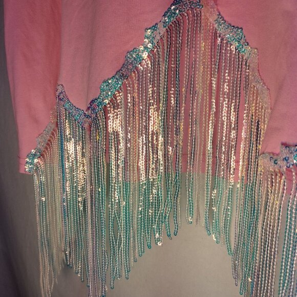 Cowboy T Shirt Large Pink Cropped Silver Fringe Western Cowgirl Crop Top - Picture 8 of 15